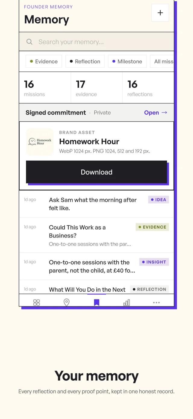 Example Founder Memory showing evidence, reflections, milestones and a saved brand asset.