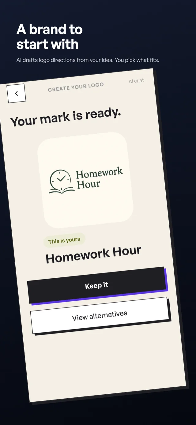Logo Builder showing a Homework Hour logo with Keep it and View alternatives choices.