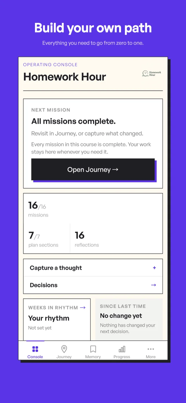 Example Founder Operating Console for Homework Hour, showing mission progress and capture tools.